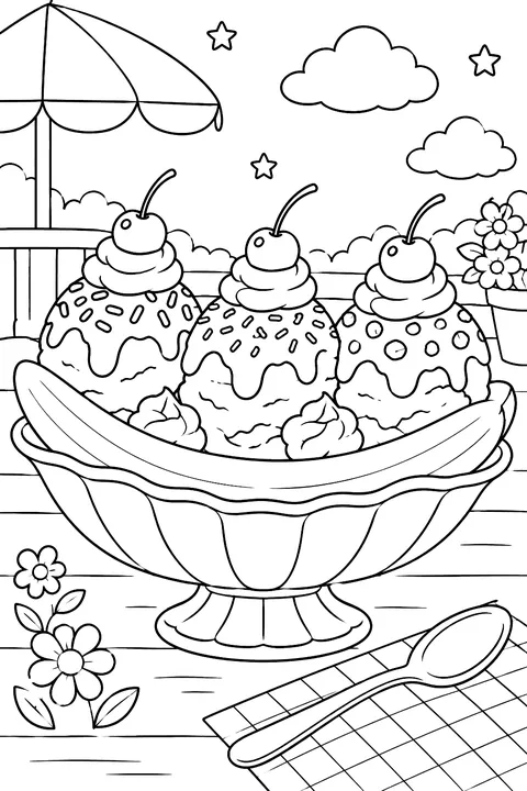 a banana split boat with three scoops and toppings coloring page