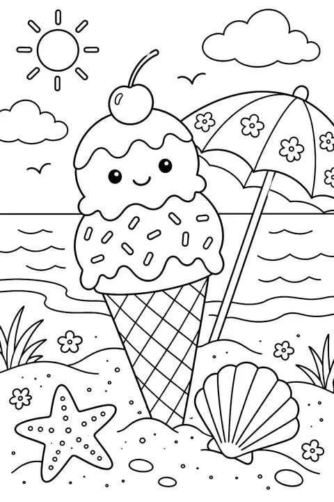 an ice cream cone in the sand at the beach with a shell and umbrella coloring page