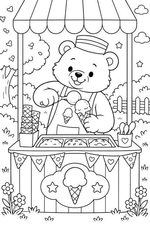 a bear scooping ice cream at a stand coloring page