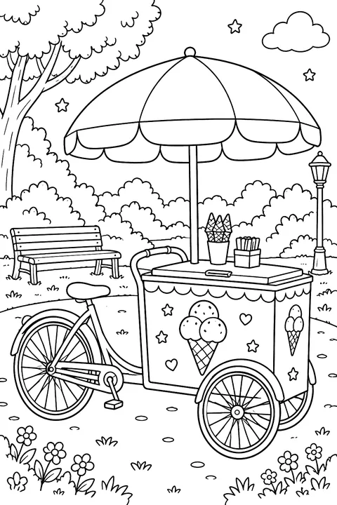 a bicycle ice cream cart with an umbrella in a park coloring page