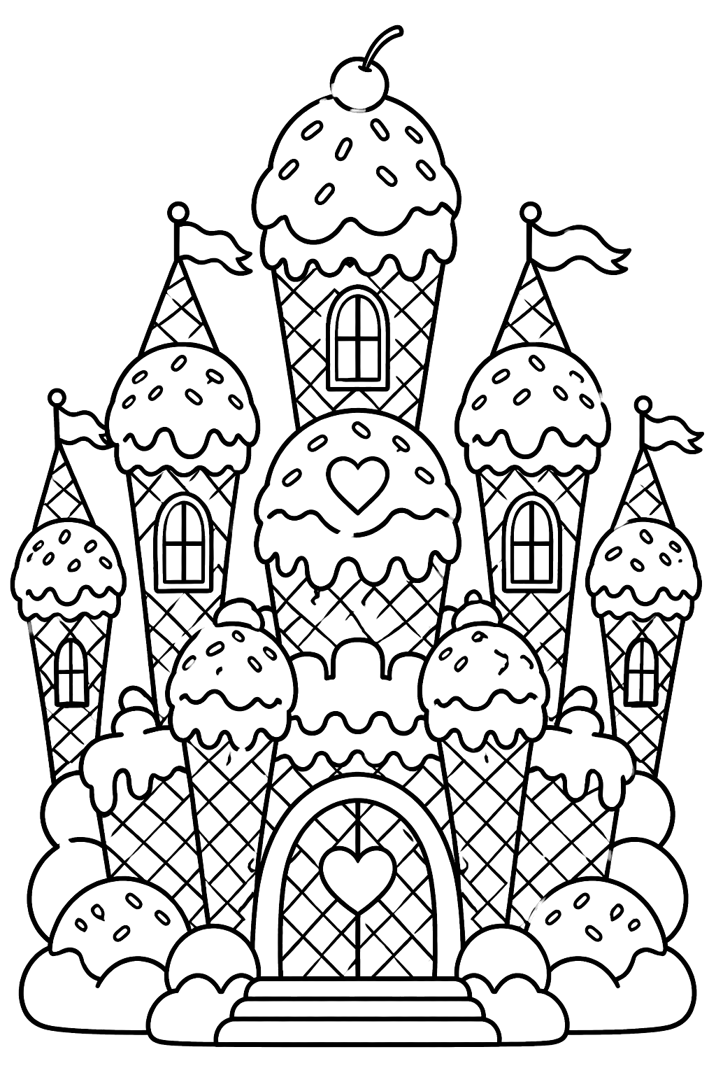 a fantasy castle made of ice cream scoops and cones coloring page