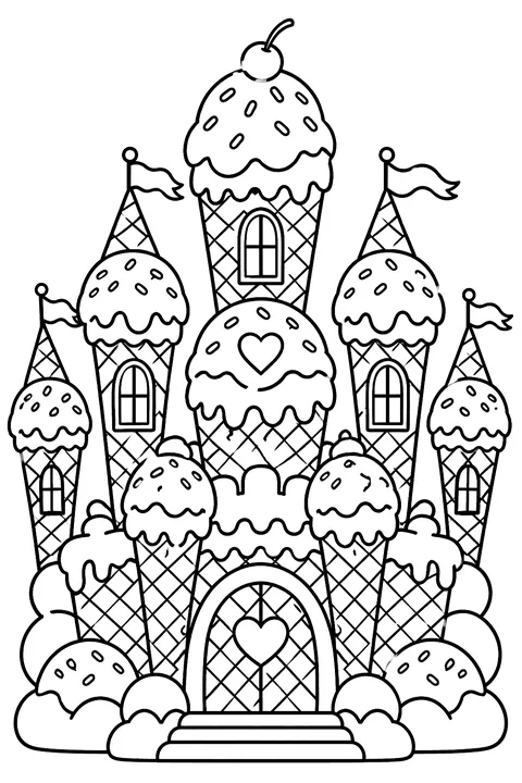 a fantasy castle made of ice cream scoops and cones coloring page