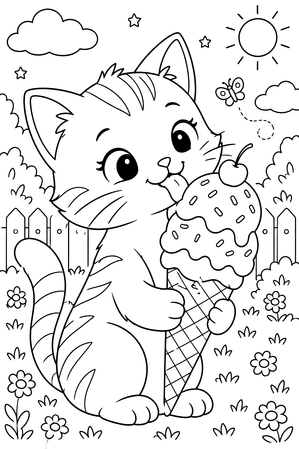 a cat licking a big ice cream cone coloring page
