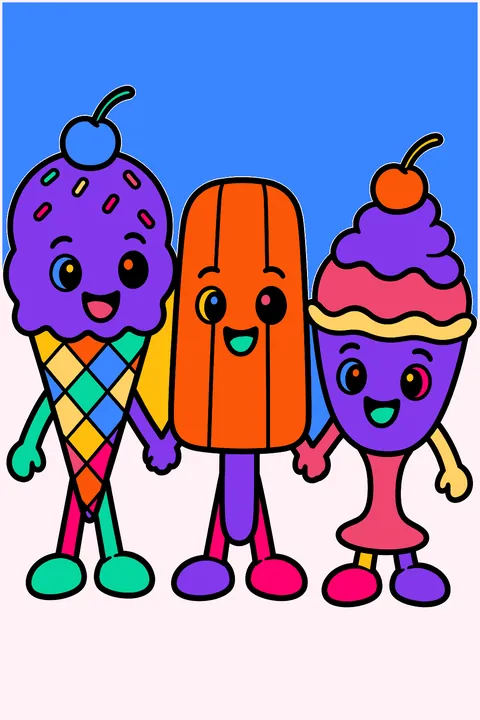 ice cream cone, popsicle and sundae friends holding hands coloring page