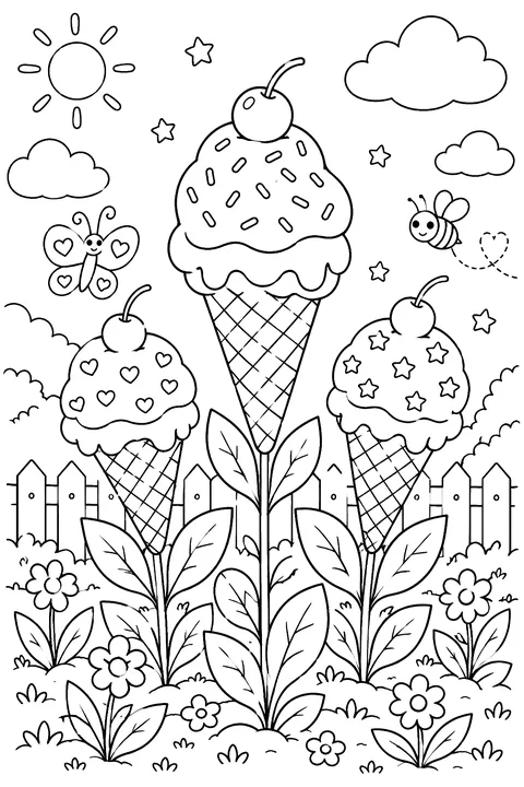 ice cream cones growing like flowers in a garden coloring page