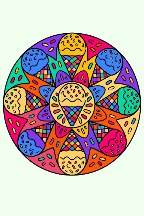 a round mandala of cones, scoops and sprinkles coloring page
