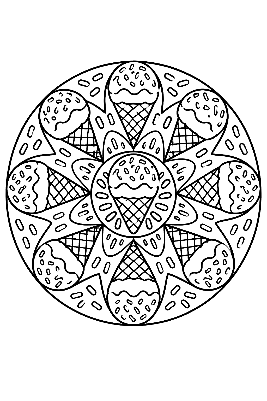a round mandala of cones, scoops and sprinkles coloring page