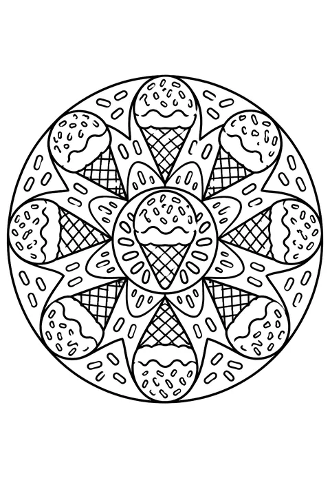 a round mandala of cones, scoops and sprinkles coloring page