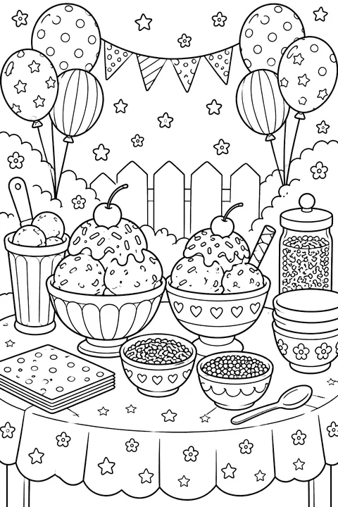 a party table with ice cream bowls, sprinkles and balloons coloring page