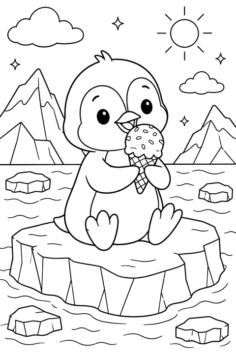 a penguin eating ice cream on an iceberg coloring page