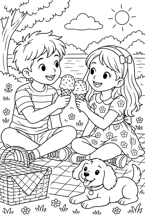 kids sharing ice cream cones on a picnic blanket coloring page