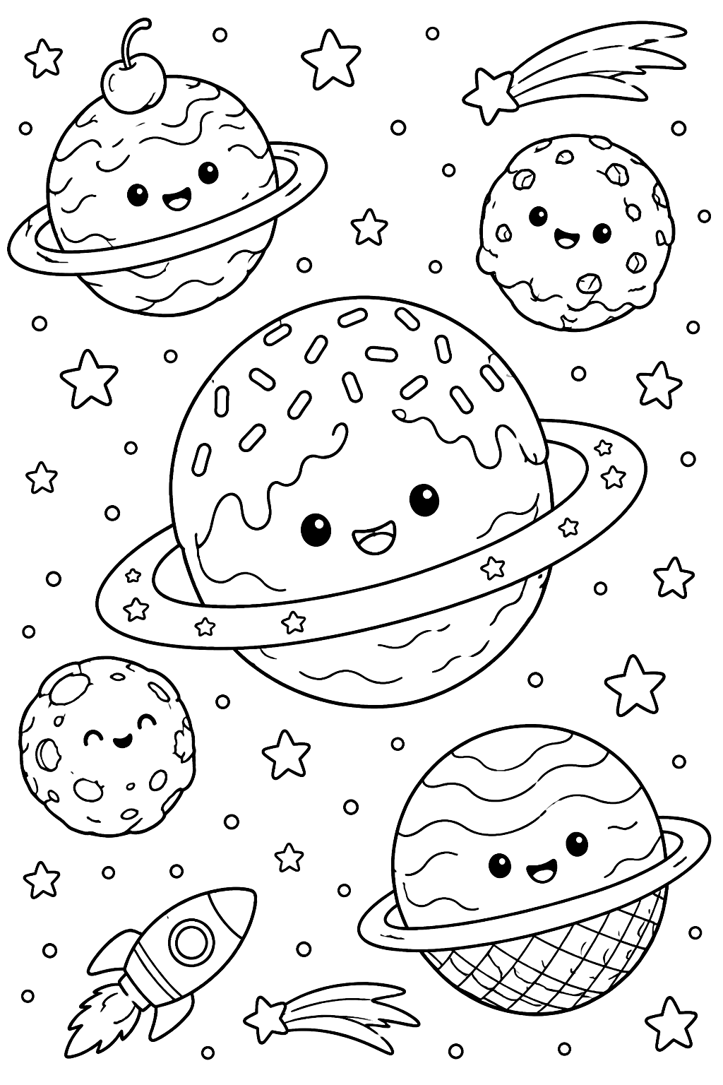 ice cream scoops as planets floating in space with stars coloring page