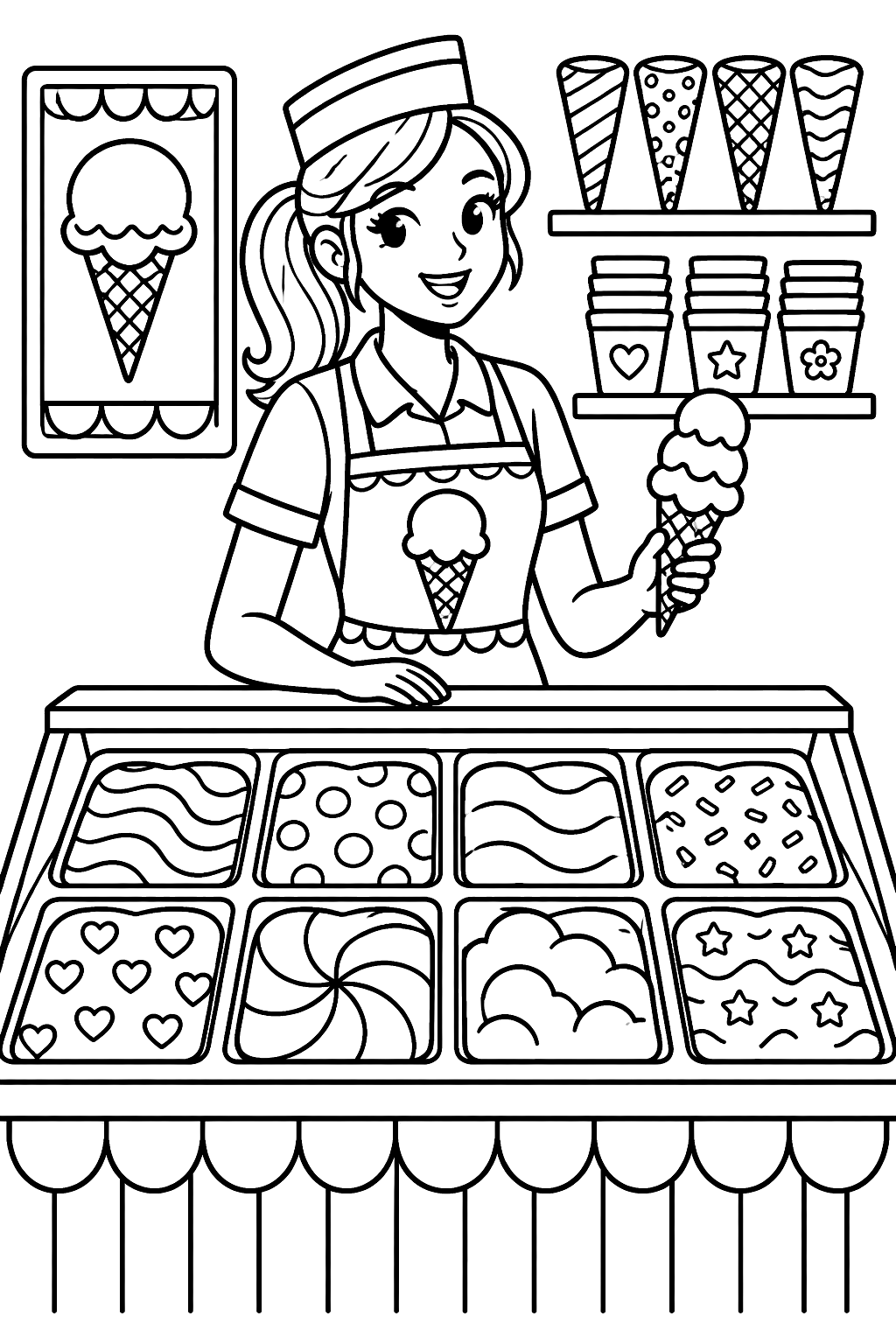 an ice cream shop counter with tubs of flavors and cones on the wall coloring page