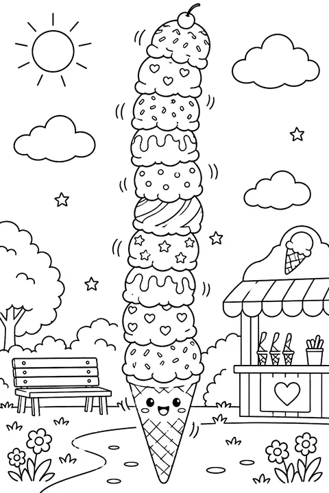 a very tall cone with ten stacked scoops wobbling coloring page