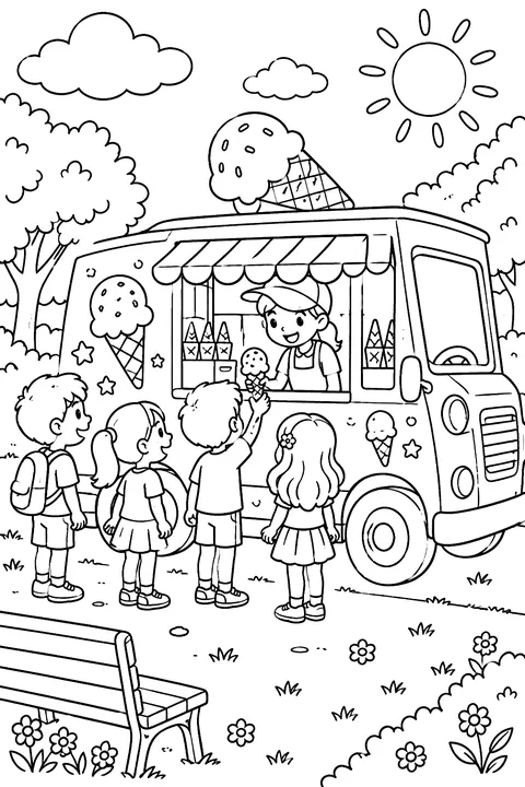 an ice cream truck parked in a sunny park with kids waiting coloring page