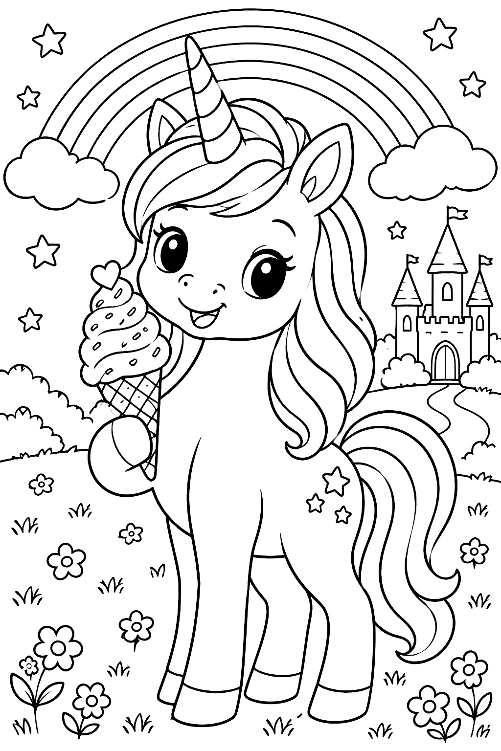 a unicorn holding a rainbow ice cream cone coloring page
