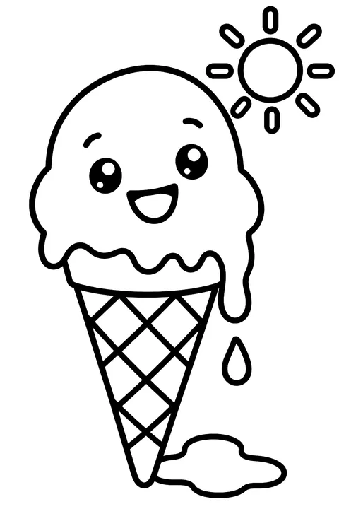 a smiling ice cream cone melting a little in the sun coloring page