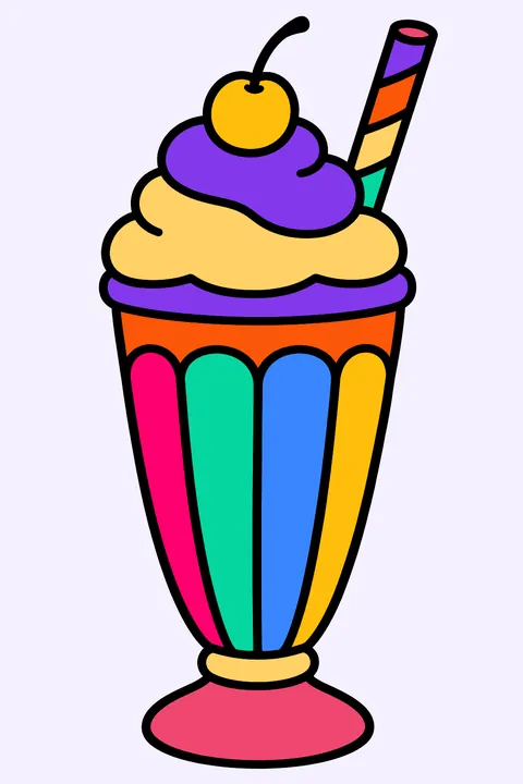 a tall milkshake with whipped cream, a straw and a cherry coloring page