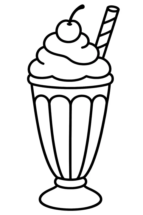 a tall milkshake with whipped cream, a straw and a cherry coloring page