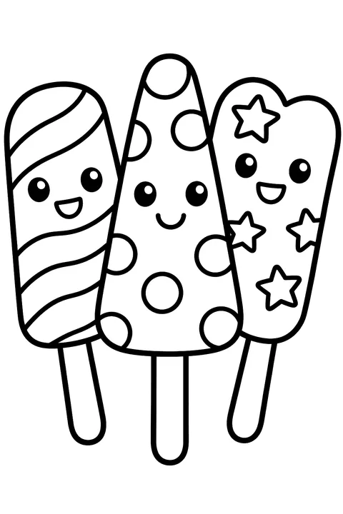 three popsicles with different shapes and fun patterns coloring page