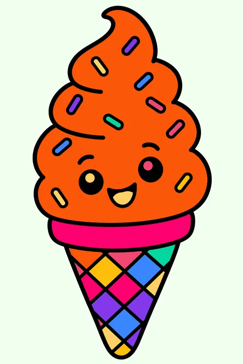a soft serve swirl cone with a smiling face and sprinkles coloring page
