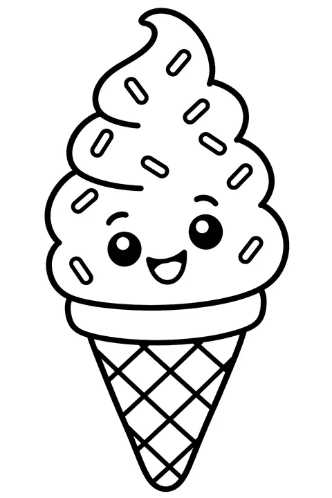 a soft serve swirl cone with a smiling face and sprinkles coloring page