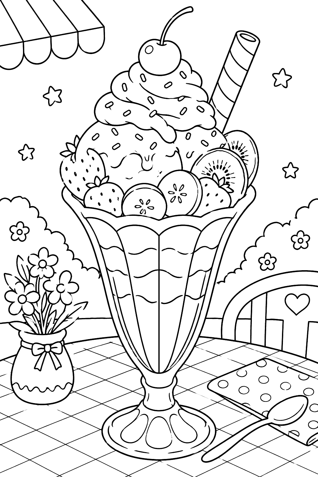 a tall ice cream sundae glass with whipped cream, fruit and a wafer coloring page