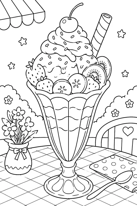 a tall ice cream sundae glass with whipped cream, fruit and a wafer coloring page