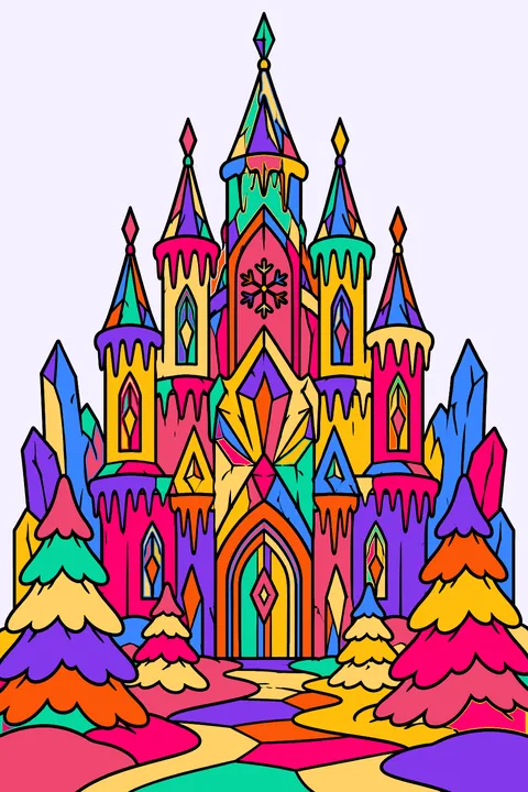 A sparkling ice castle with icicles and snow-covered trees coloring page