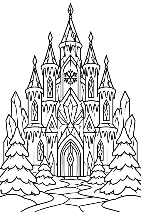 A sparkling ice castle with icicles and snow-covered trees coloring page