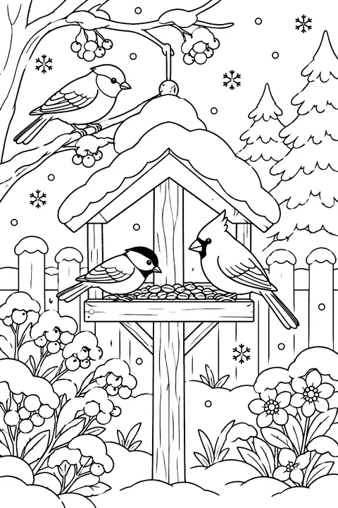 Birds at a bird feeder in a snowy garden coloring page