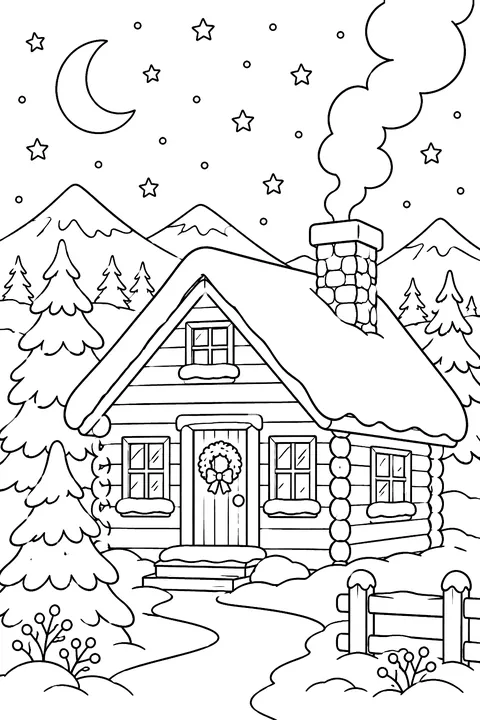 A snowy cabin at night under a starry sky with smoke from the chimney coloring page