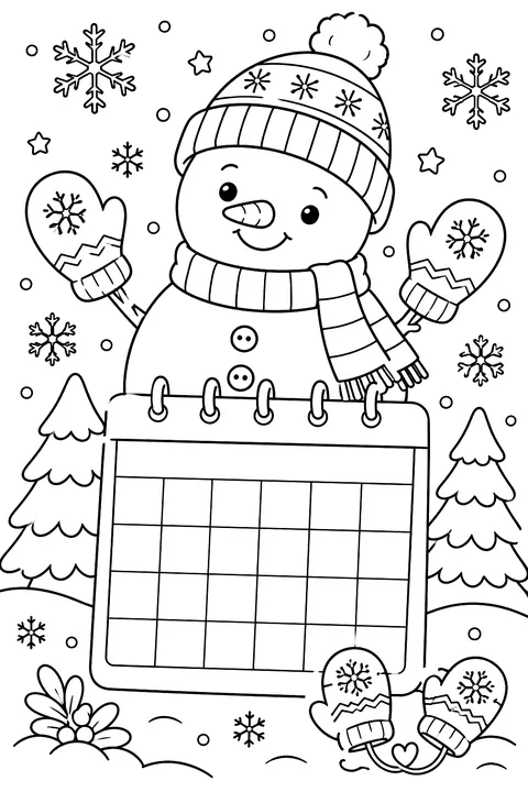 A cute calendar page with a snowman, mittens and snowflakes decorating it, no numbers coloring page