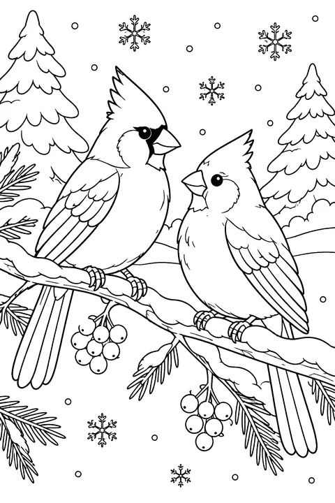 Two cardinals on a snowy branch coloring page