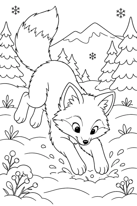 A red fox pouncing in the snow coloring page