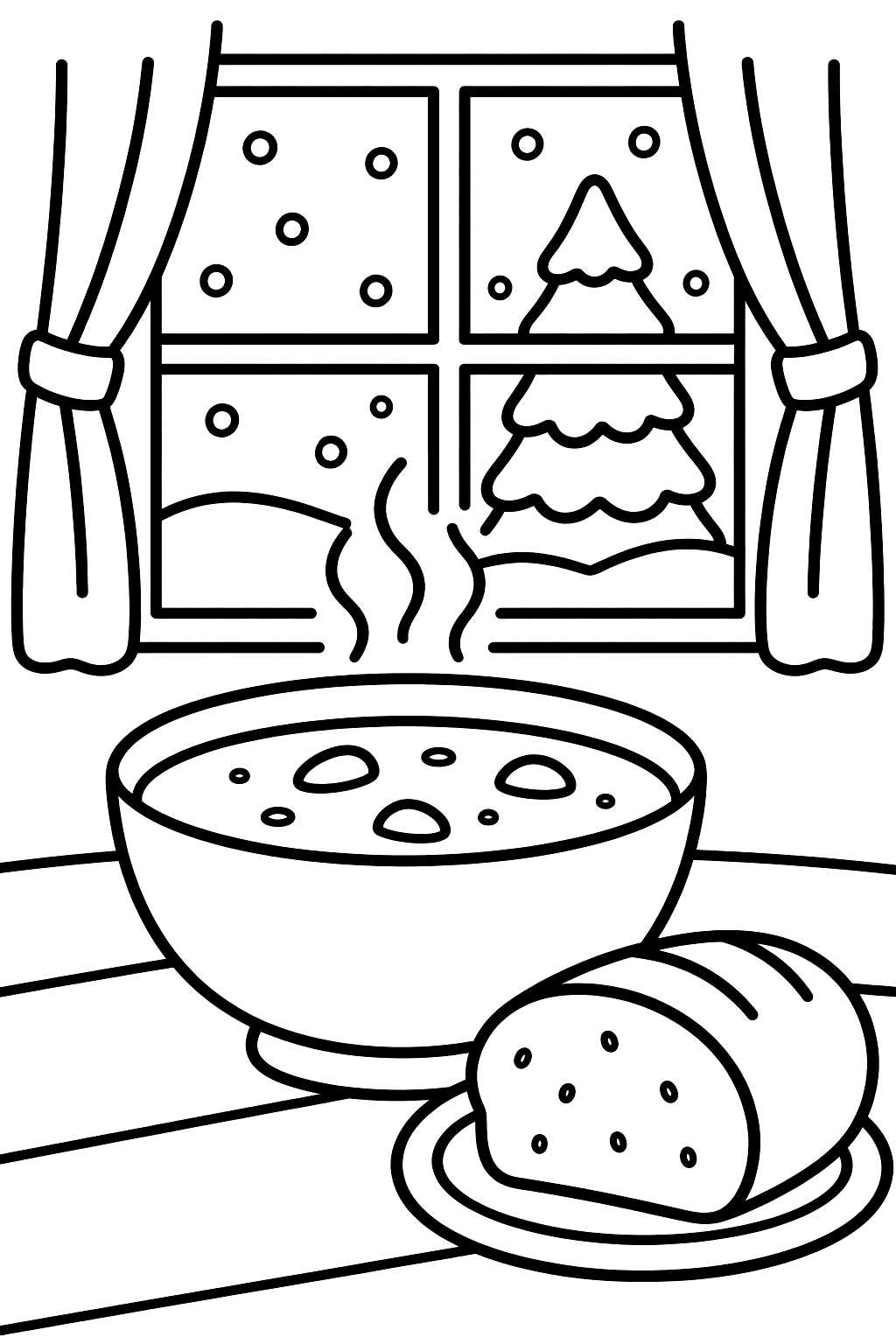 A bowl of warm soup with bread on a table, snow outside the window coloring page