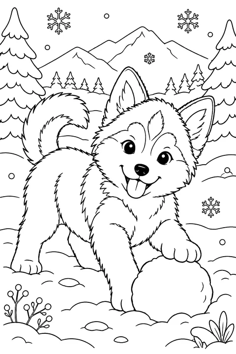 A husky puppy playing in fresh snow coloring page