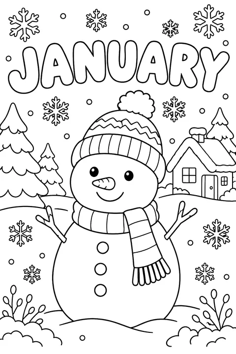 The word JANUARY in big bubble outline letters with snowflakes around coloring page