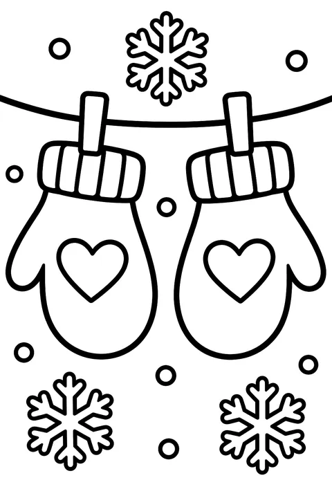 A pair of mittens hanging on a clothesline with snowflakes coloring page