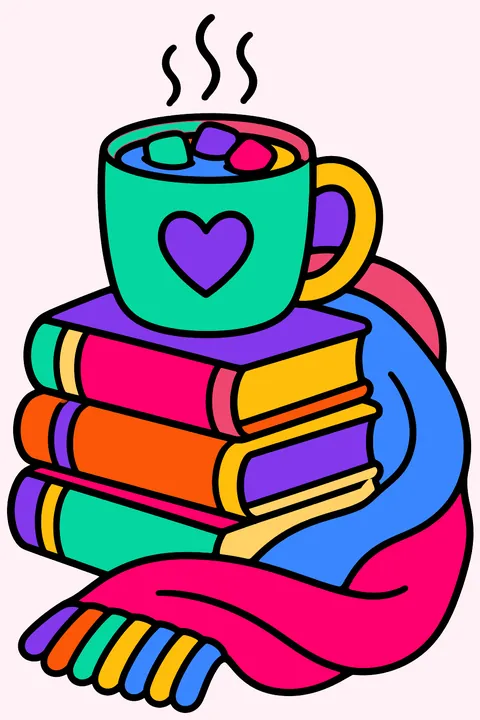 A stack of books, a mug of cocoa and a cozy blanket coloring page