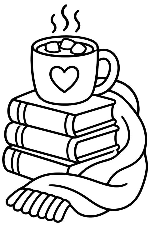 A stack of books, a mug of cocoa and a cozy blanket coloring page