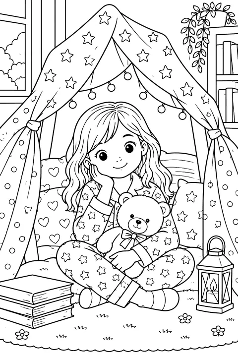 A child in pajamas with a teddy bear and a blanket fort coloring page