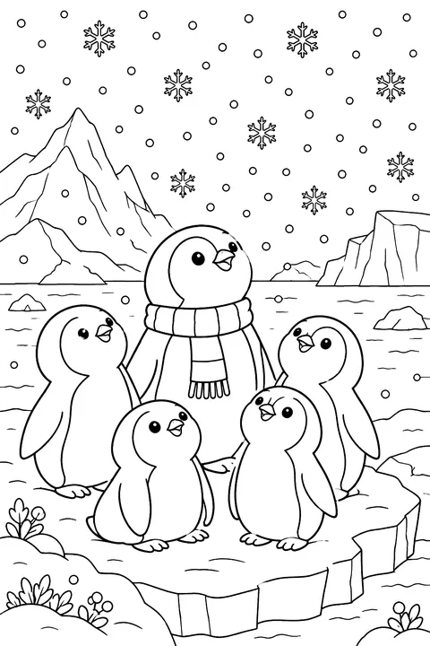 A group of penguins on the ice watching snow fall coloring page