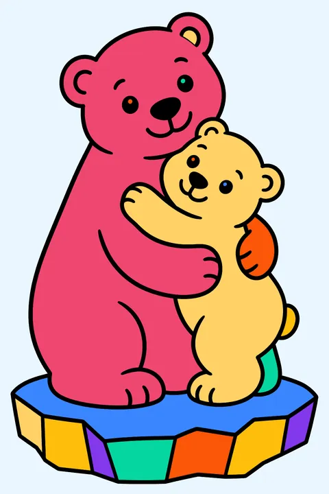 Two polar bears hugging on an iceberg coloring page