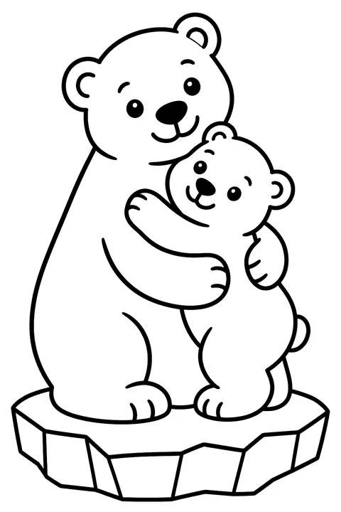 Two polar bears hugging on an iceberg coloring page