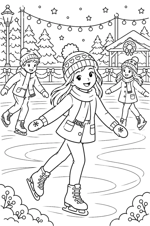 People ice skating at an outdoor rink with lights coloring page