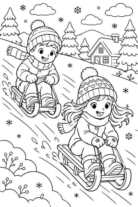 Two kids racing on sleds down a snowy hill coloring page