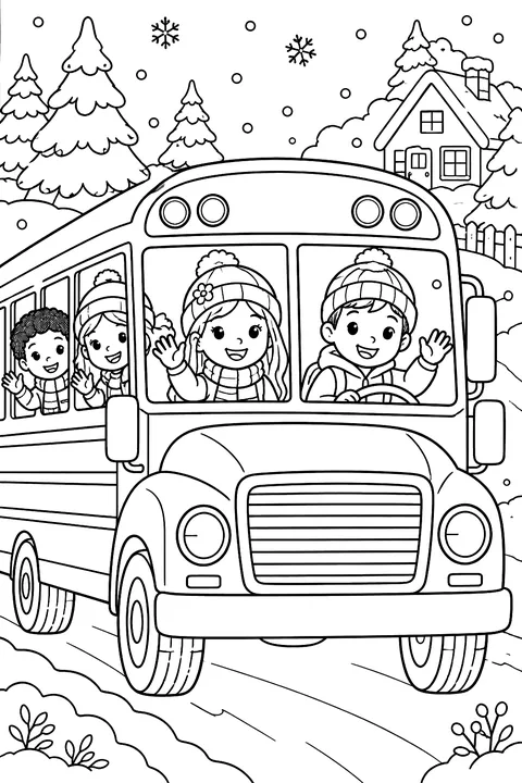 Kids waving from a school bus in the snow coloring page