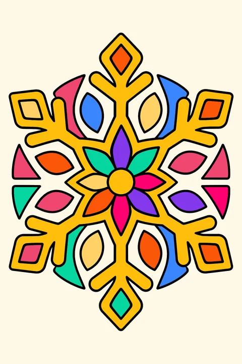 A round snowflake mandala with bold closed shapes coloring page