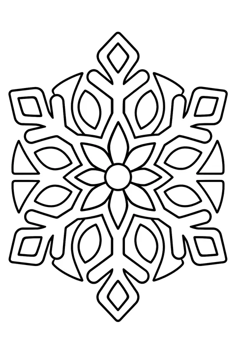 A round snowflake mandala with bold closed shapes coloring page